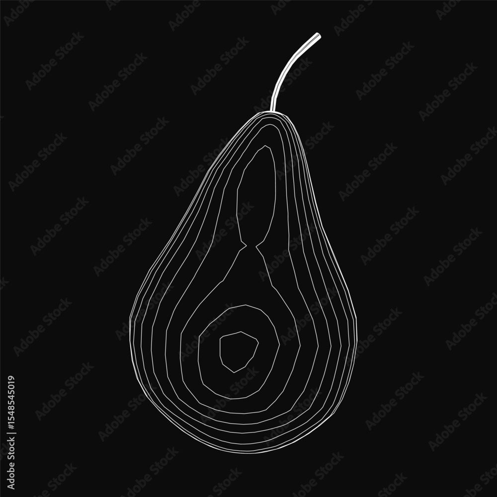 Poster black and white line drawing of a ripe pear with smooth curves and subtle shading, isolated on a dar