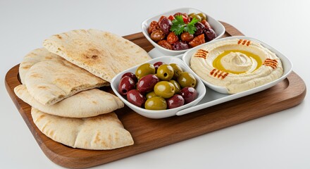 Indulge in a Mediterranean feast: Warm pita bread, creamy hummus, vibrant olives, and a medley of sun-dried tomatoes create a delicious and visually stunning appetizer platter.