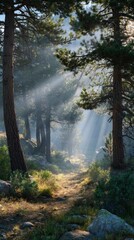 Naklejka premium Sunlight path in forest