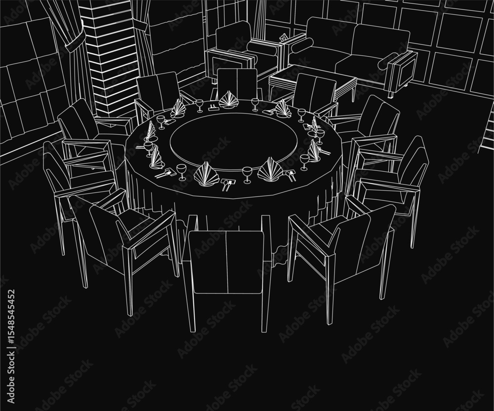 Poster a round table in a restaurant setting, surrounded by chairs and sofas, sketched in black and white. 