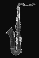 Obraz premium Saxophone 3D model rendered with realistic textures and metallic shine, isolated on a sleek black background. The detailed curves and keys highlight the instrument's elegant design.