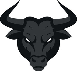 Bull head illustration with sharp horns and focused eyes in black vector design 