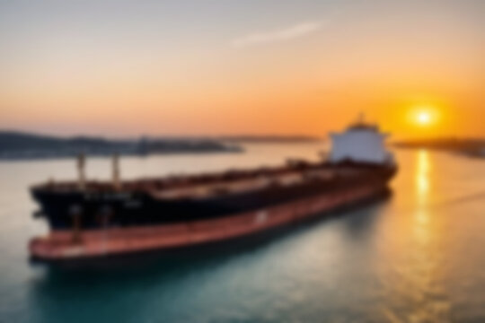 blurry photo of giant tanker ship docked at port to transport oil from land, sunset, energy. - Powered by Adobe