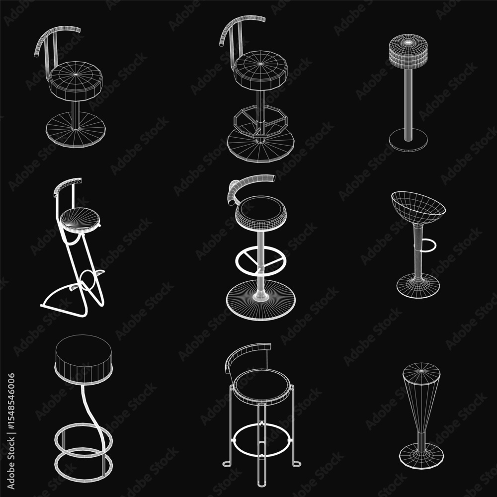 Poster a set of white bar stools arranged in a line, each with a unique design, standing out against a slee