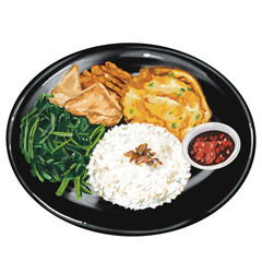 A plate of Indonesian daily main course menu, from rice, friend egg, fried tofu, braised vegetable and spicy Sony sauce. Hand drawn food illustration with no background.