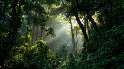 Fototapeta premium Sunlight streams through lush green forest canopy creating a peaceful scene
