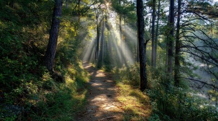 Obraz premium Sunlight streaking forest path