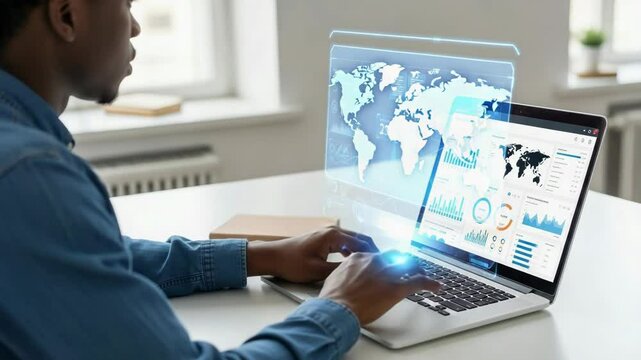 Global Data Analysis: Man Interacting with Virtual World Map & Charts on Laptop. Map on Hologram Dashboard.