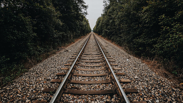 Abandoned railway tracks covered with ivy.