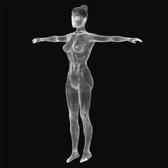 Obraz premium Wireframe woman model with glowing blue lines and digital mesh structure stands against a dark background. The futuristic design highlights anatomical details and contours.