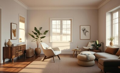 Fototapeta premium A haven of tranquility where soft neutral hues create a serene atmosphere a statement armchair with organic shapes anchors the space and warm wooden accents add a touch of rustic charm a modern home o