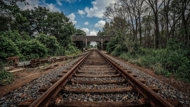 Abandoned train station with rusted tracks and overgrown vegetation.