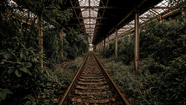 Abandoned train station with rusted tracks and overgrown vegetation.