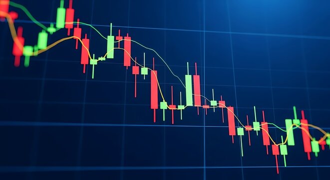Stock market crash visualization showing a downtrend with red and green candles - Powered by Adobe