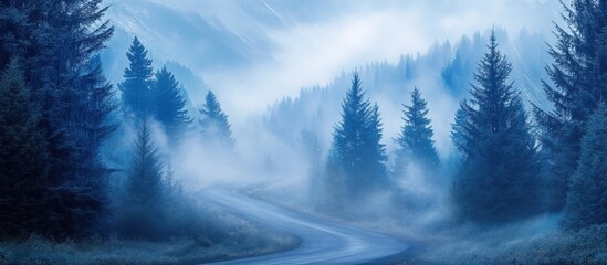 Misty mountain road through a dark forest