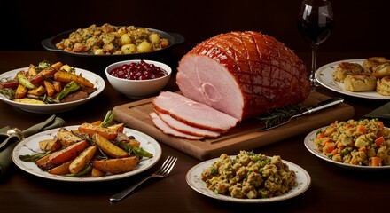 Indulge in a Festive Feast: A Glazed Ham Takes Center Stage at This Bountiful Thanksgiving Table, Surrounded by an Array of Delicious Side Dishes.
