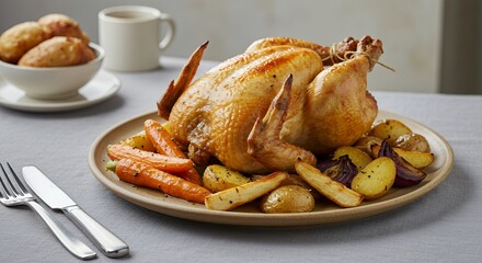 Golden-brown roasted chicken, perfectly complemented by roasted root vegetables and potatoes, makes a heartwarming and delicious centerpiece for a comforting meal.