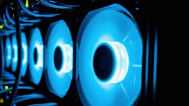 Computer pc rgb cooling fans glowing blue light animation for gaming pc and high performance system build