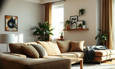 Fototapeta premium A modern living room bathed in natural light features a plush boucle sofa a mock-up poster adding a touch of personality a floating shelf displaying decorative objects lush greenery and personal touch