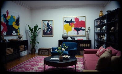 A vibrant living room where abstract art splashed across walls a plush velvet armchair beckoned relaxation and sculptural pieces adorned shelves creating a harmonious blend of art and comfort