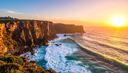 Spectacular coastal landscape at sunset, golden light over the cliffs and ocean waves