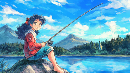 穏やかな夏の午後、川岸に腰掛けて釣り竿を握る少女のレトロポップ1980年代まごころアニメ風ビジュアル、澄んだ水面と山並みを背景にしたノスタルジックエモーショナル風タイトル