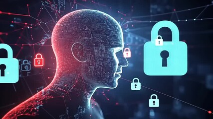 Digital representation of a human silhouette surrounded by cybersecurity elements and padlocks - Powered by Adobe