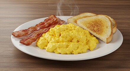 Steam rises from a plate of fluffy scrambled eggs, crispy bacon, and perfectly toasted bread, a classic breakfast ready to be enjoyed.