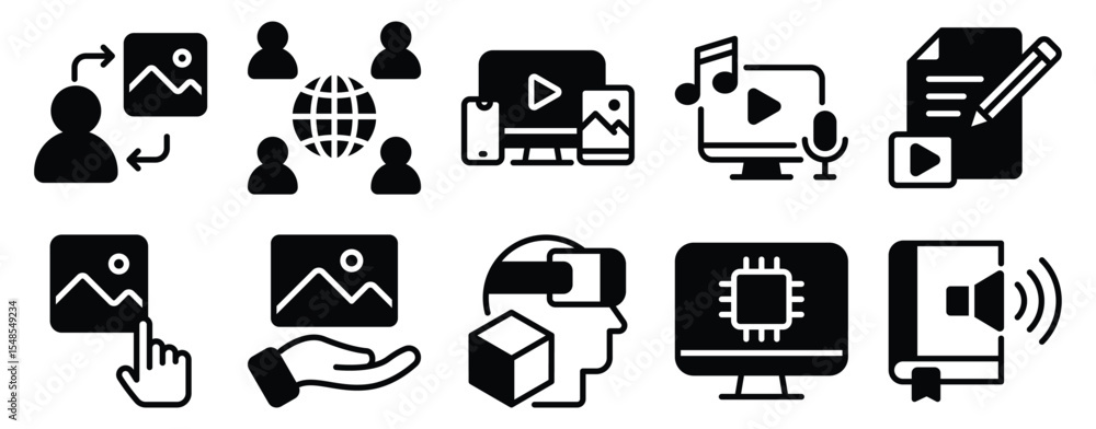 Poster new media icon set solid style collection representing digital content and modern communication chan