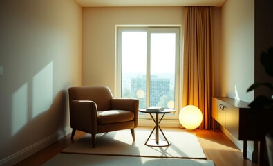 Fototapeta premium In a sunlit haven a minimalist reading nook unfolded its focal point a textured velvet armchair its companion a glass-topped side table illuminated by warm ambient lighting creating a haven of tranqui