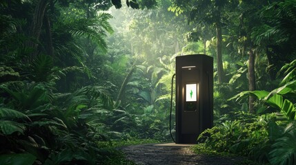A charging station in the middle of a dense forest, blending electric vehicle technology with nature, symbolizing eco-friendly transportation, 