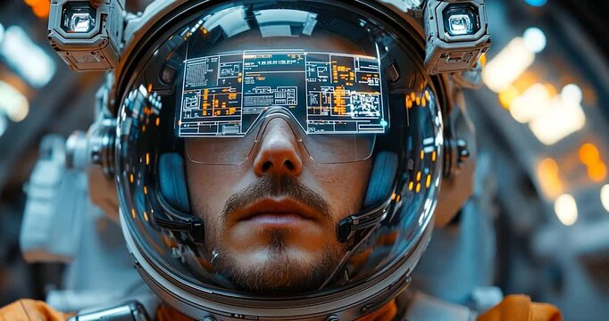 Close-up of an astronaut's helmet with a futuristic heads-up display showing technical data during a space mission.