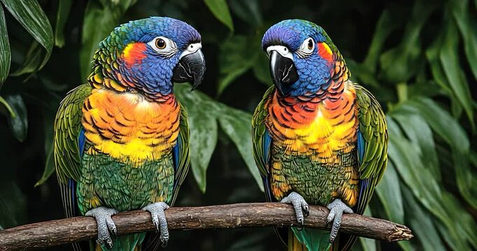 Two vibrant rainbow lorikeets perched on a branch amidst lush green foliage.