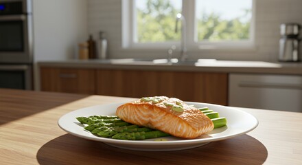Sunlit Kitchen Counter Showcases Delicious Pan-Seared Salmon with Asparagus, a Culinary Delight Ready to Enjoy.