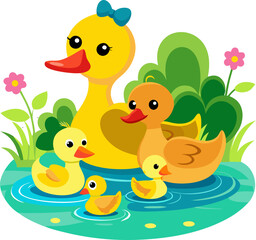 Cartoon family of ducks paddling in a pond, vibrant vector art with white background.