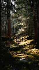 Obraz premium Sunlit pathway through a dense forest nature scene with moss and trees