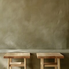 Minimalist Architectural Design: Olive Wall with Light Oak Counter Tables in