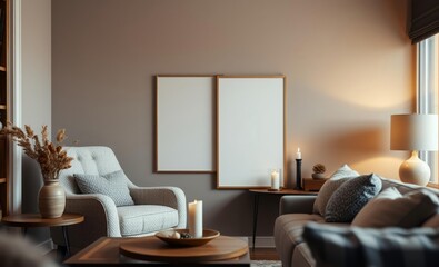 A warm and inviting living space featuring a mock-up poster frame adorned with a captivating design a cozy boucle armchair and a wooden side table A beige vase with dried flowers and a flickering cand