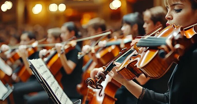 Close-up of a female violinist performing in an orchestra.