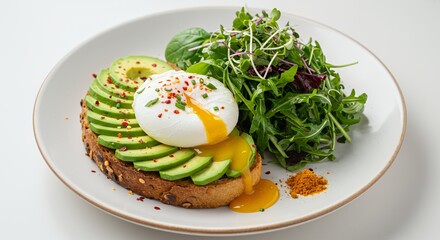 Indulge in a vibrant and healthy breakfast featuring perfectly poached eggs, creamy avocado, and a medley of fresh greens, all atop a rustic multigrain toast.