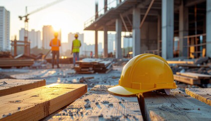 Construction site with yellow safety helmet and workers in background.