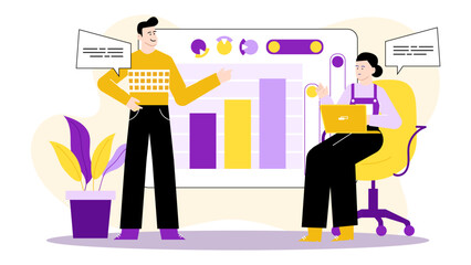 Colleagues analyzing data, graphs, laptop. Great for business presentations, teamwork concepts, data analysis, technology themes, collaboration visuals.