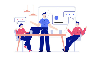 Three coworkers brainstorming and discussing ideas at a modern office table. Suitable for teamwork, business meetings, collaboration concepts in presentations.
