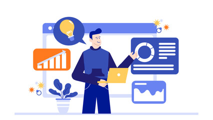 Man showcasing data and ideas on a digital device; suitable for presentations, meetings, technology concepts, and business communication templates.