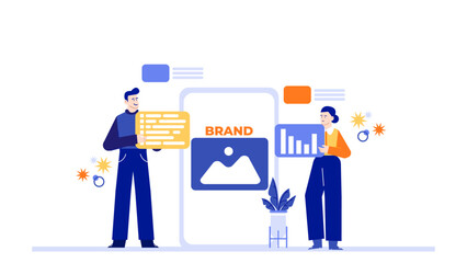 Two people collaborating on creating an online brand presence. Suitable for marketing, digital advertising, teamwork, entrepreneurship, and small business concepts.