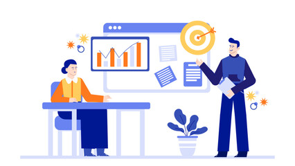 Two individuals discussing business strategies, presenting data slides and goals, suitable for presentations, reports, articles, and marketing materials.