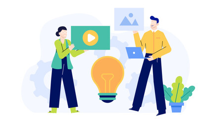 Two people brainstorming creative video and image concepts beside a glowing lightbulb. Perfect for marketing strategy presentations or creative brainstorming sessions.