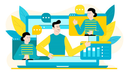 Three people collaborate on laptop, engaging in video conference, sharing innovative ideas and discussing data analysis for business meetings. Suitable for virtual team collaboration concepts.