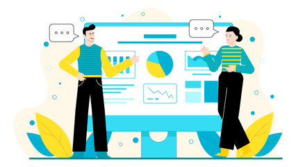 Two people displaying business data on a large monitor suitable for technology, corporate, teamwork, and presentation concepts.