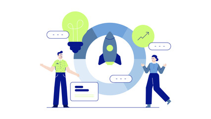 Startup concept with two people and a rocket, perfect for business presentations, infographics, tech blogs, website design, and social media.